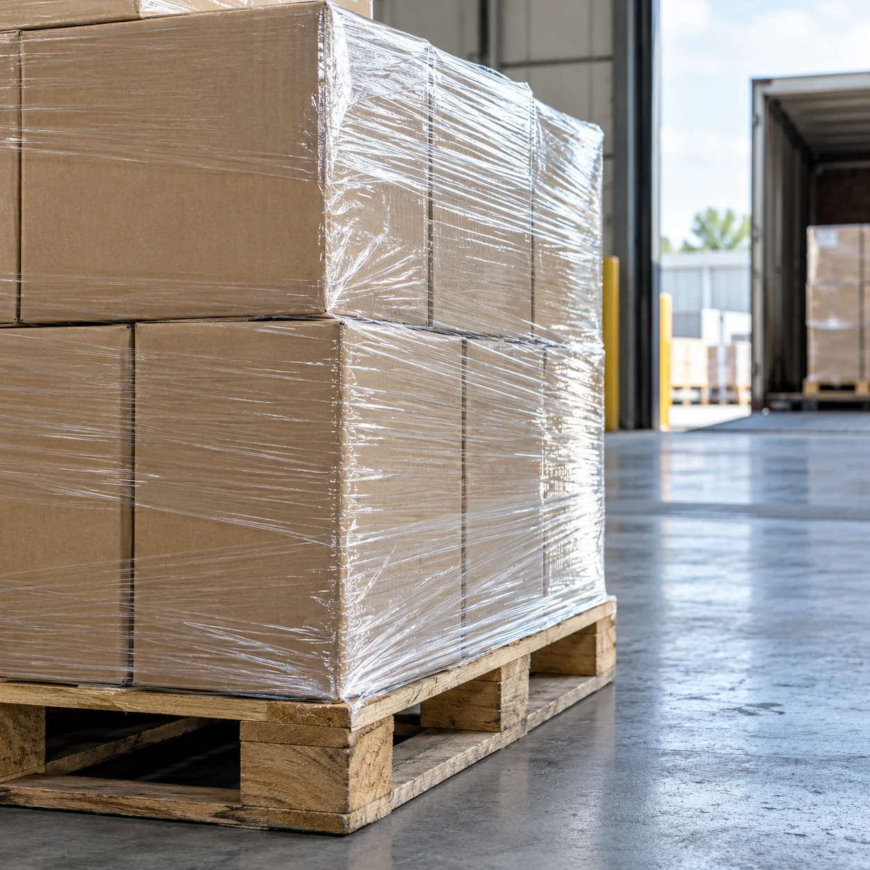 Illustrative wrapped cartons on a wooden freight pallet