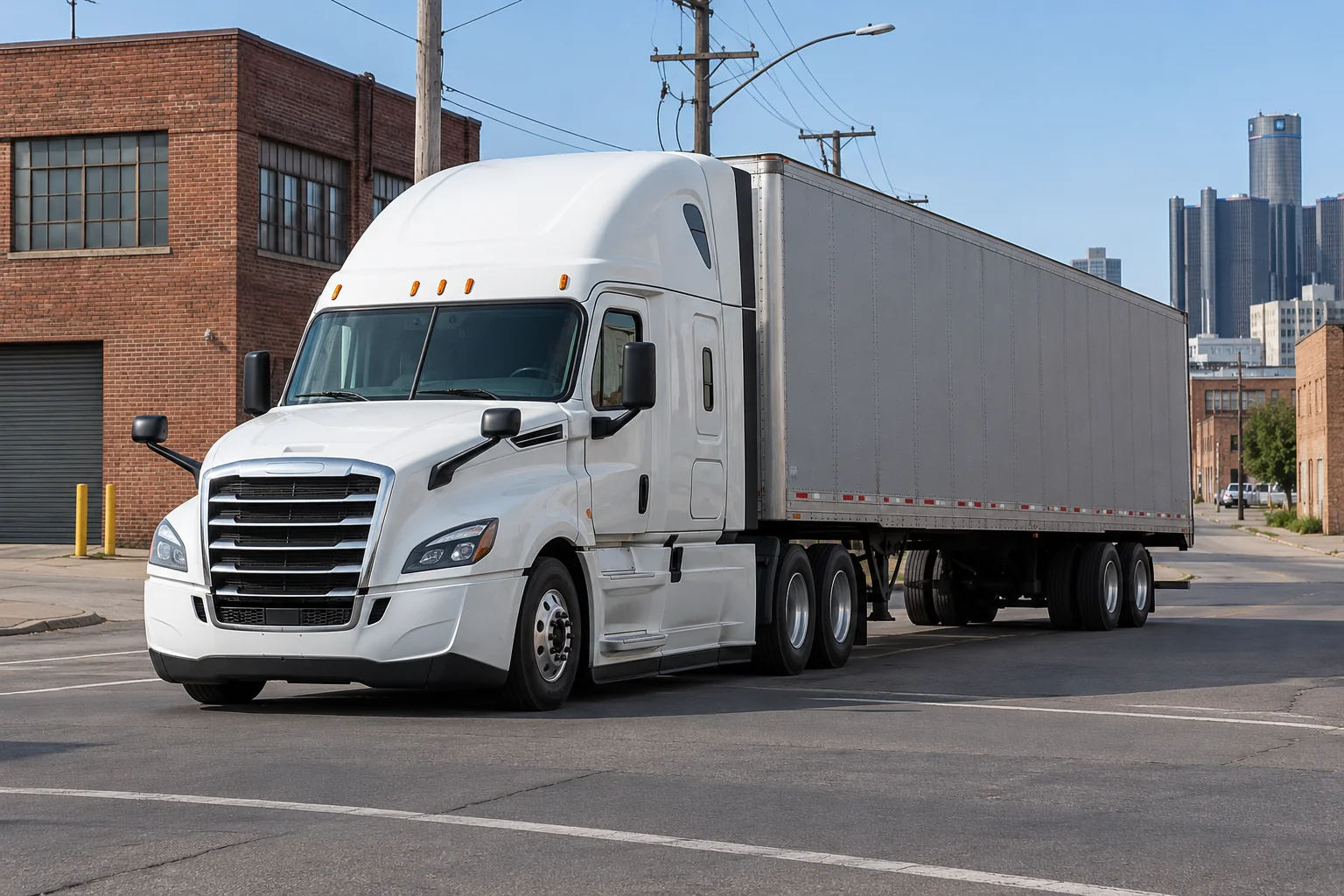 Illustrative white American semi-truck on a Detroit industrial road