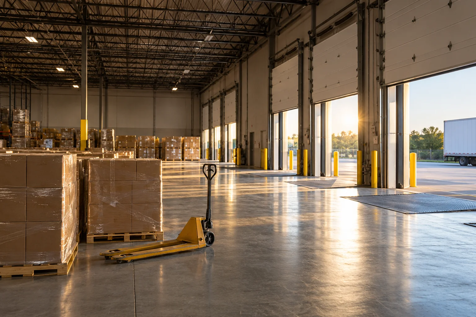 Illustrative warehouse receiving bay with cartons and pallet handling equipment